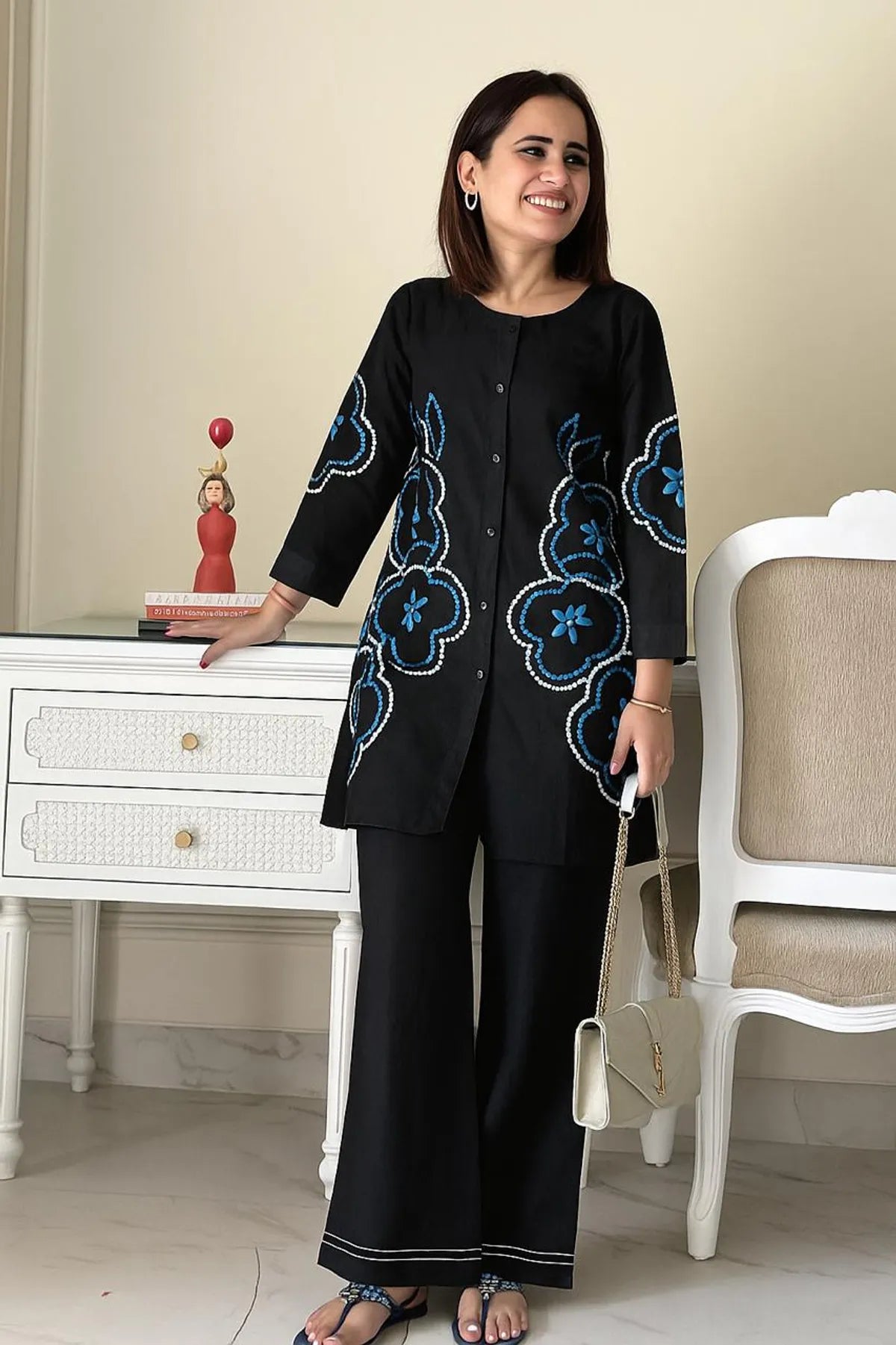 Black Cotton Embroidered Co-ord Set