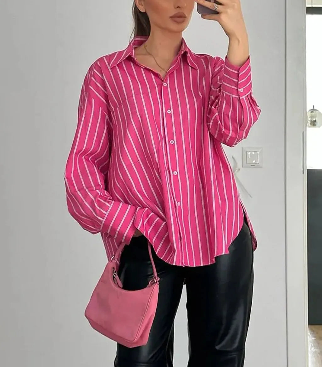 Oversize Striped Basic Shirt Pink
