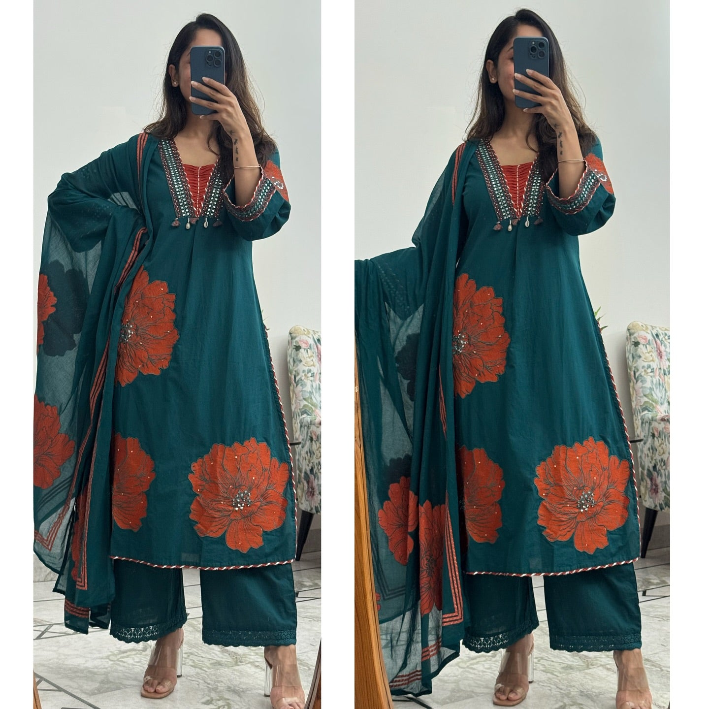 Teal Green Floral Printed Kurta Set with Dupatta – Elegant Festive Wear Suit Set