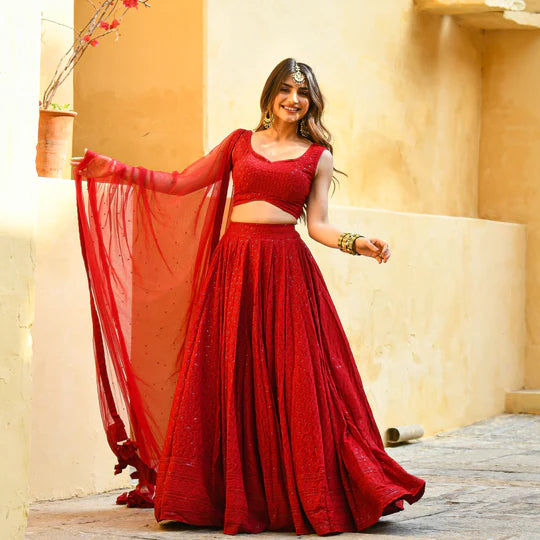 MAROON CHIKANKARI LEHENGA SET