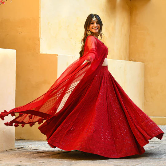 MAROON CHIKANKARI LEHENGA SET