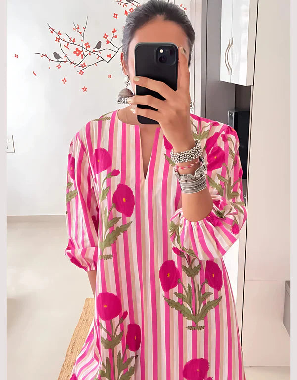 Pink & White Striped Floral Printed Cotton Kaftan Kurta