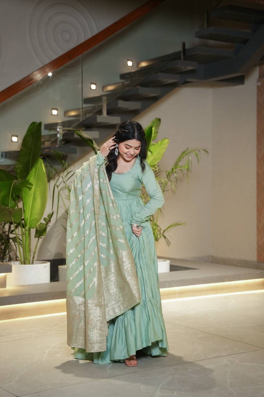 Pista Silk Gown With Jacquard Banarasi Dupatta