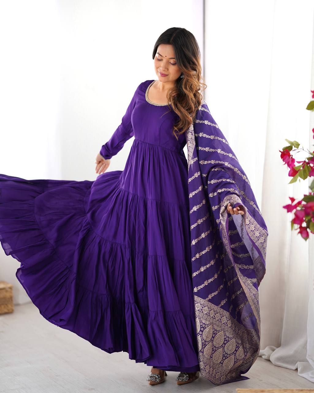 Dark Purple Silk Gown With Jacquard Banarasi Dupatta
