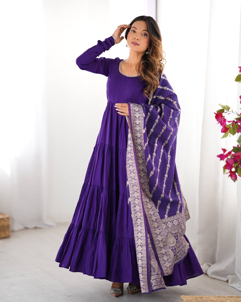 Dark Purple Silk Gown With Jacquard Banarasi Dupatta