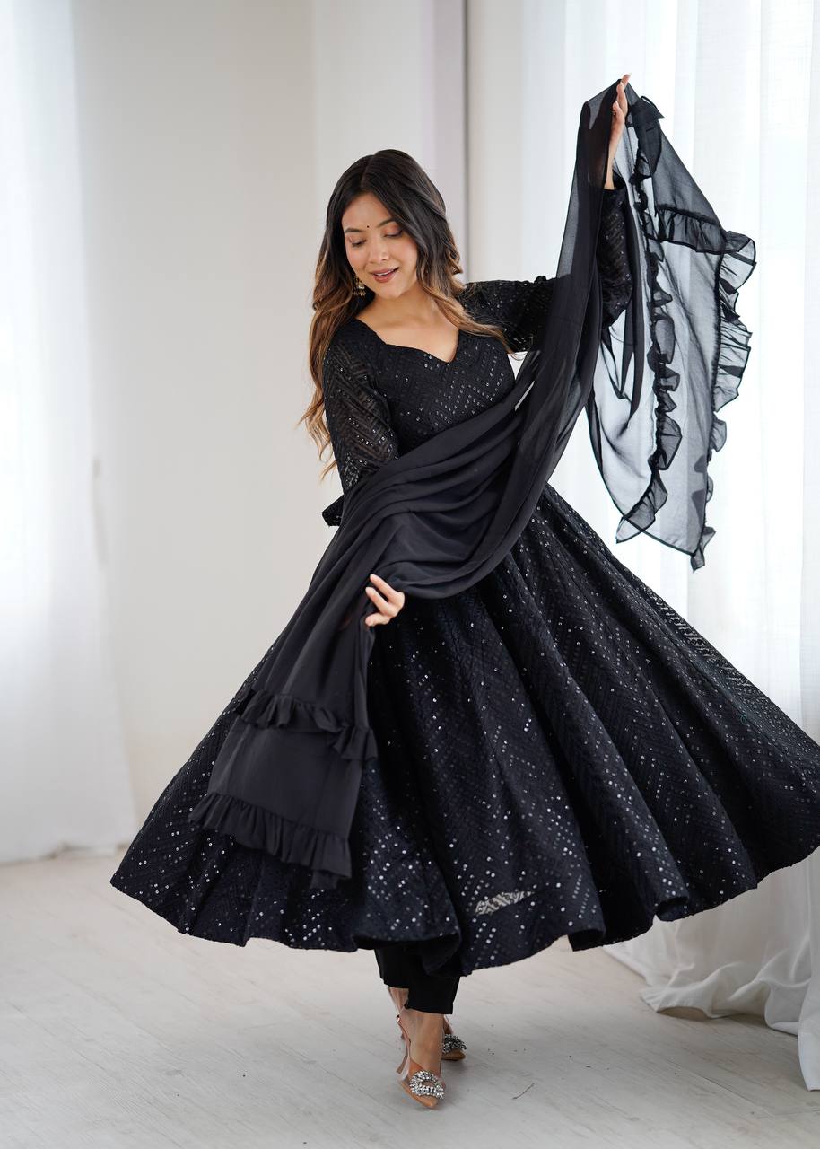 Black Sequined Anarkali Suit Set with Dupatta – Elegant Party & Festiv