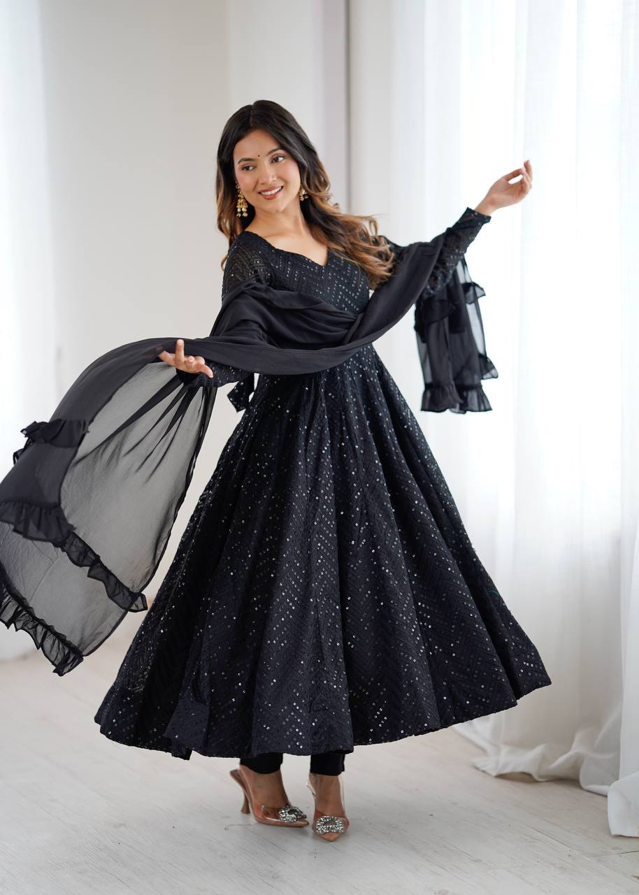 Black Sequined Anarkali Suit Set with Dupatta – Elegant Party & Festive Wear