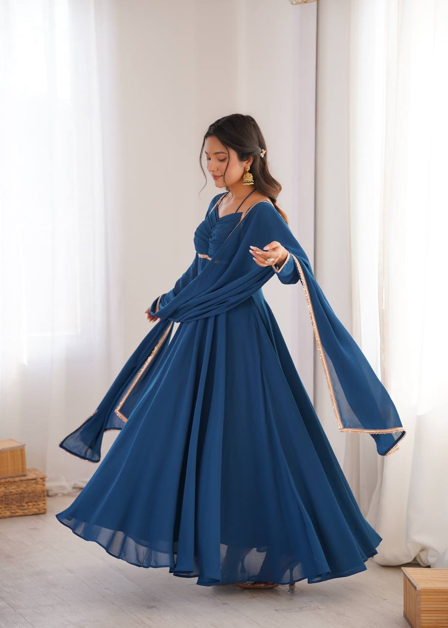 Elegant Teal Blue Anarkali Suit Set with Dupatta – Festive & Party Wear