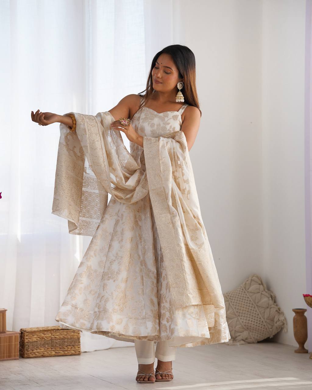Elegant Off-White Floral Anarkali Suit Set with Dupatta – Festive & Party Wear
