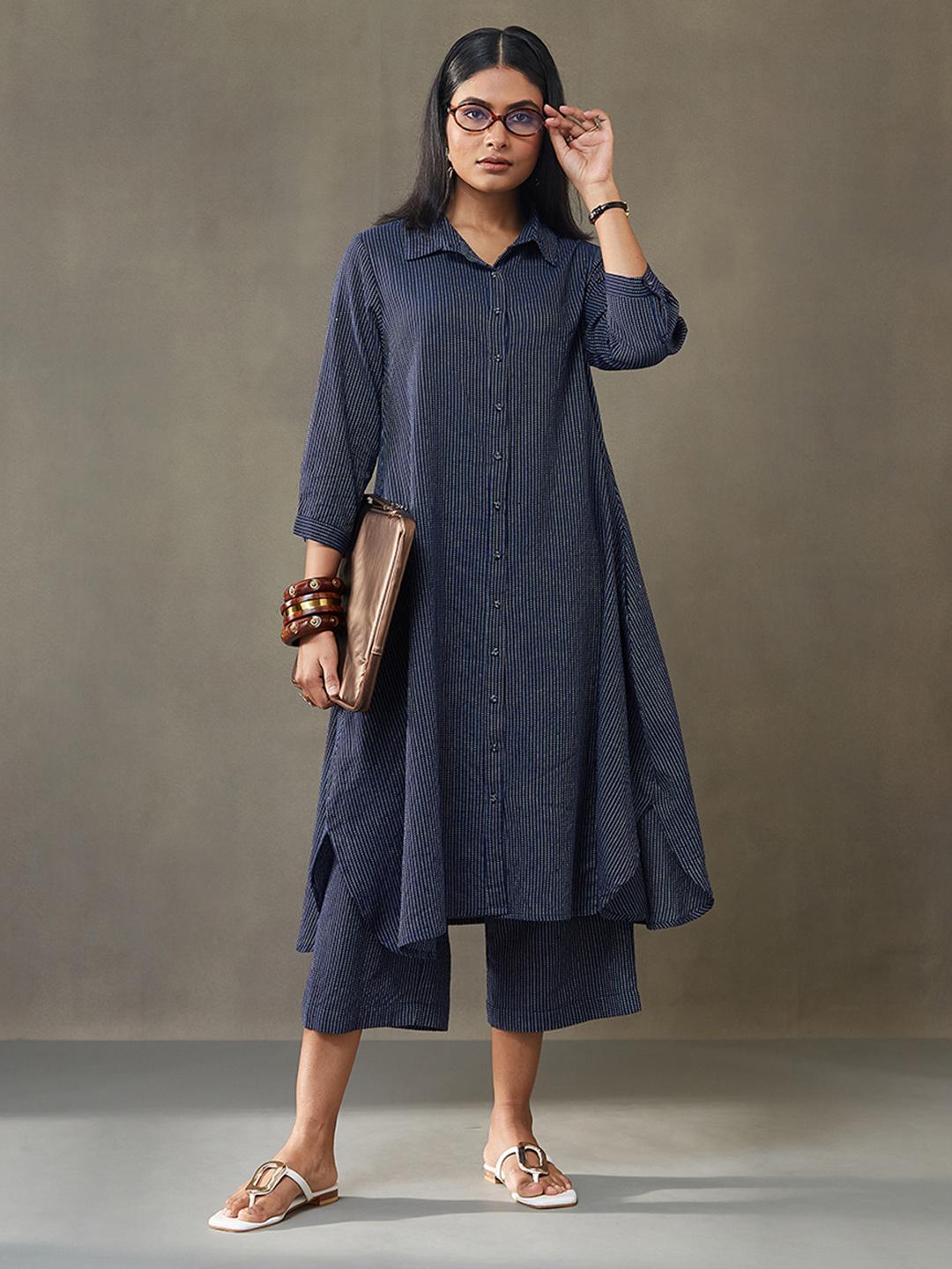 Women’s Navy Blue Striped Kurta with Culottes Set