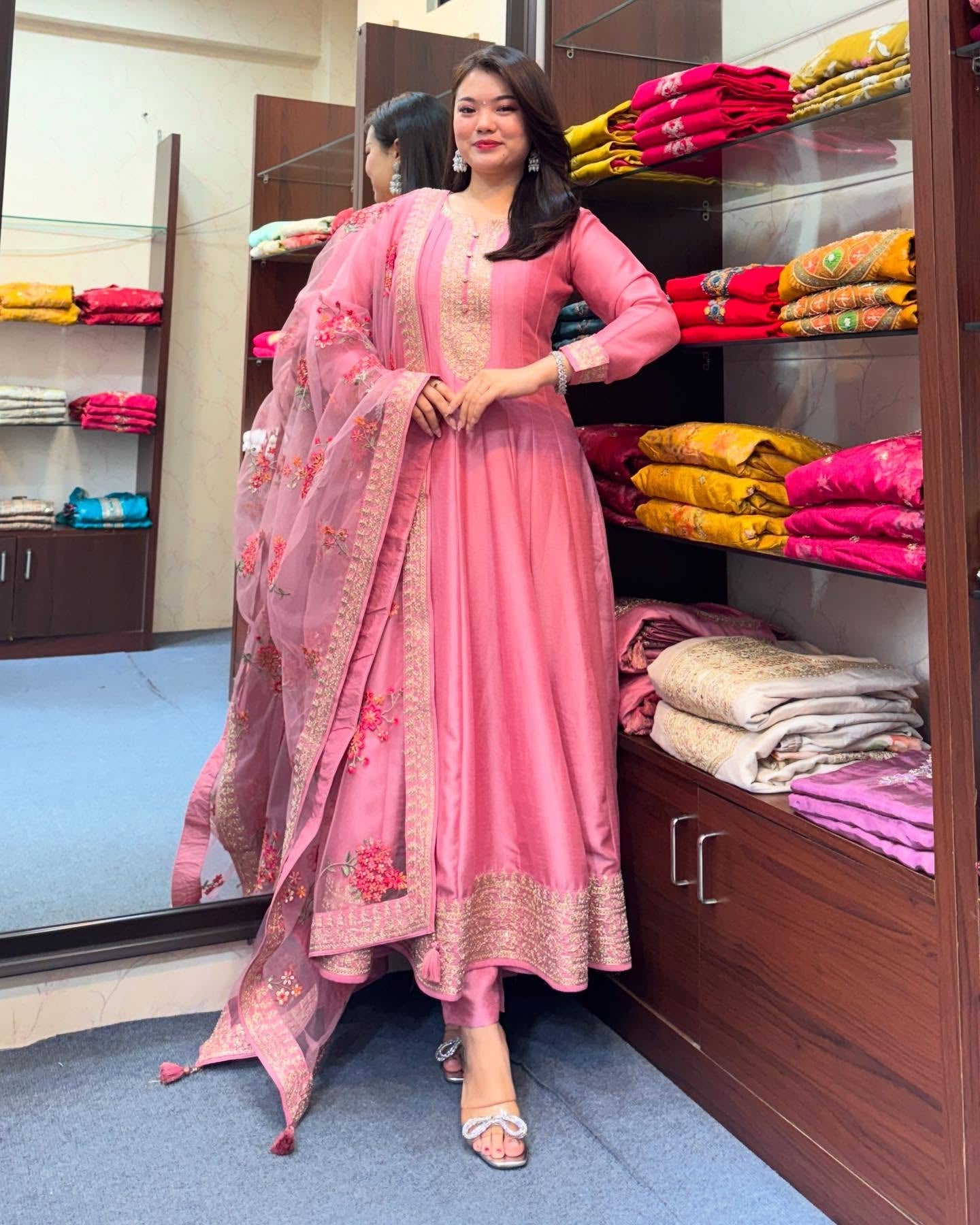 Pink Embroidered Anarkali Suit Set with Floral Net Dupatta