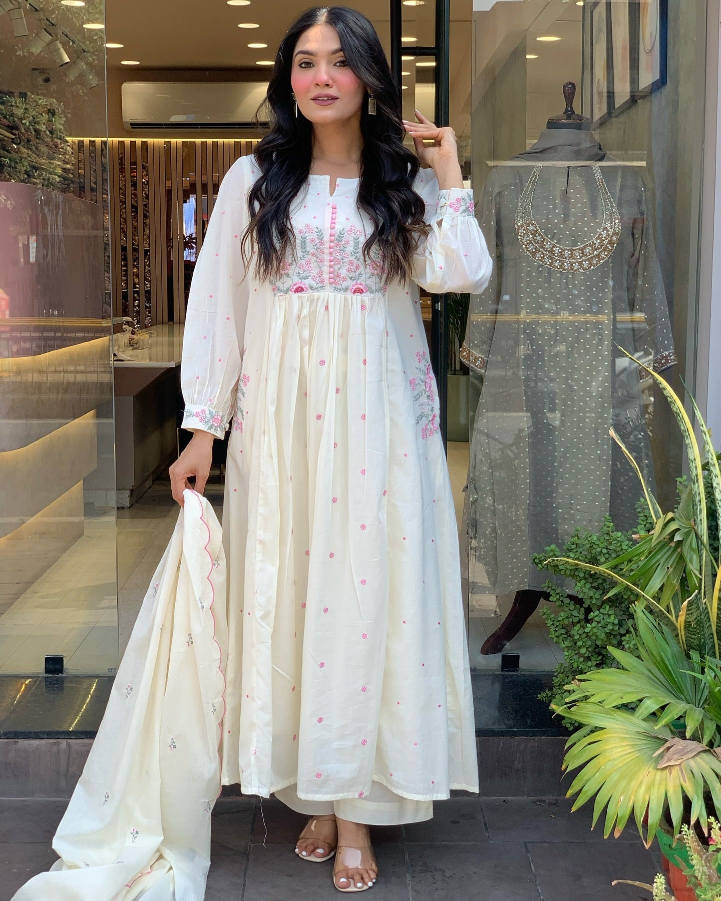 Elegant Embroidered Anarkali Kurta Set with Dupatta – Ivory