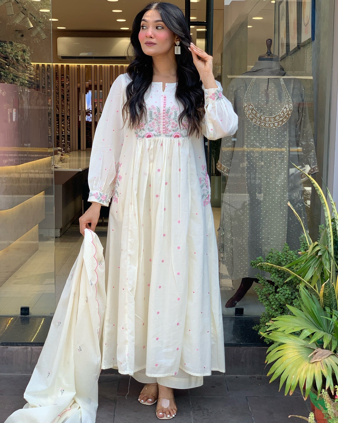 Elegant Embroidered Anarkali Kurta Set with Dupatta – Ivory