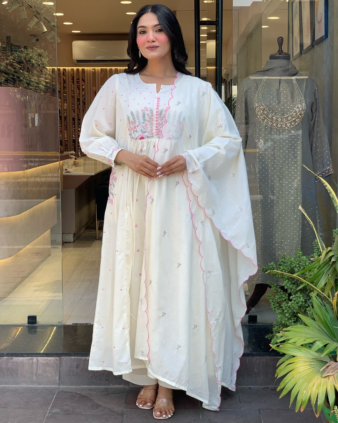 Elegant Embroidered Anarkali Kurta Set with Dupatta – Ivory