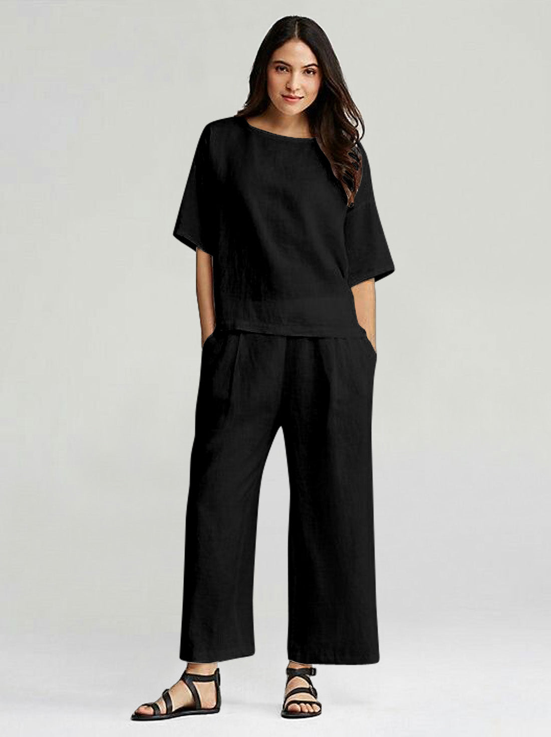 WOMEN PLAIN CROP TOP & TROUSERS CO-ORDER SET