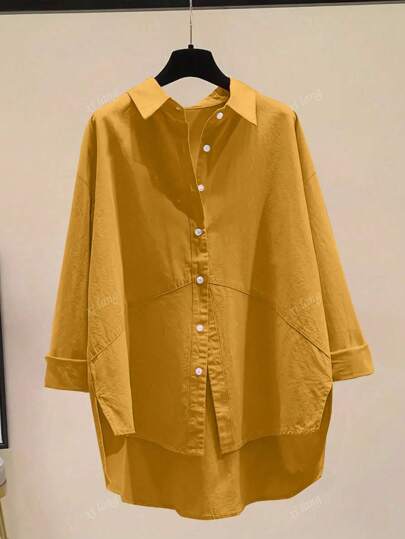 Women's Simple Solid Color Daily Wear Buttoned Shirt,Long Sleeve Tops