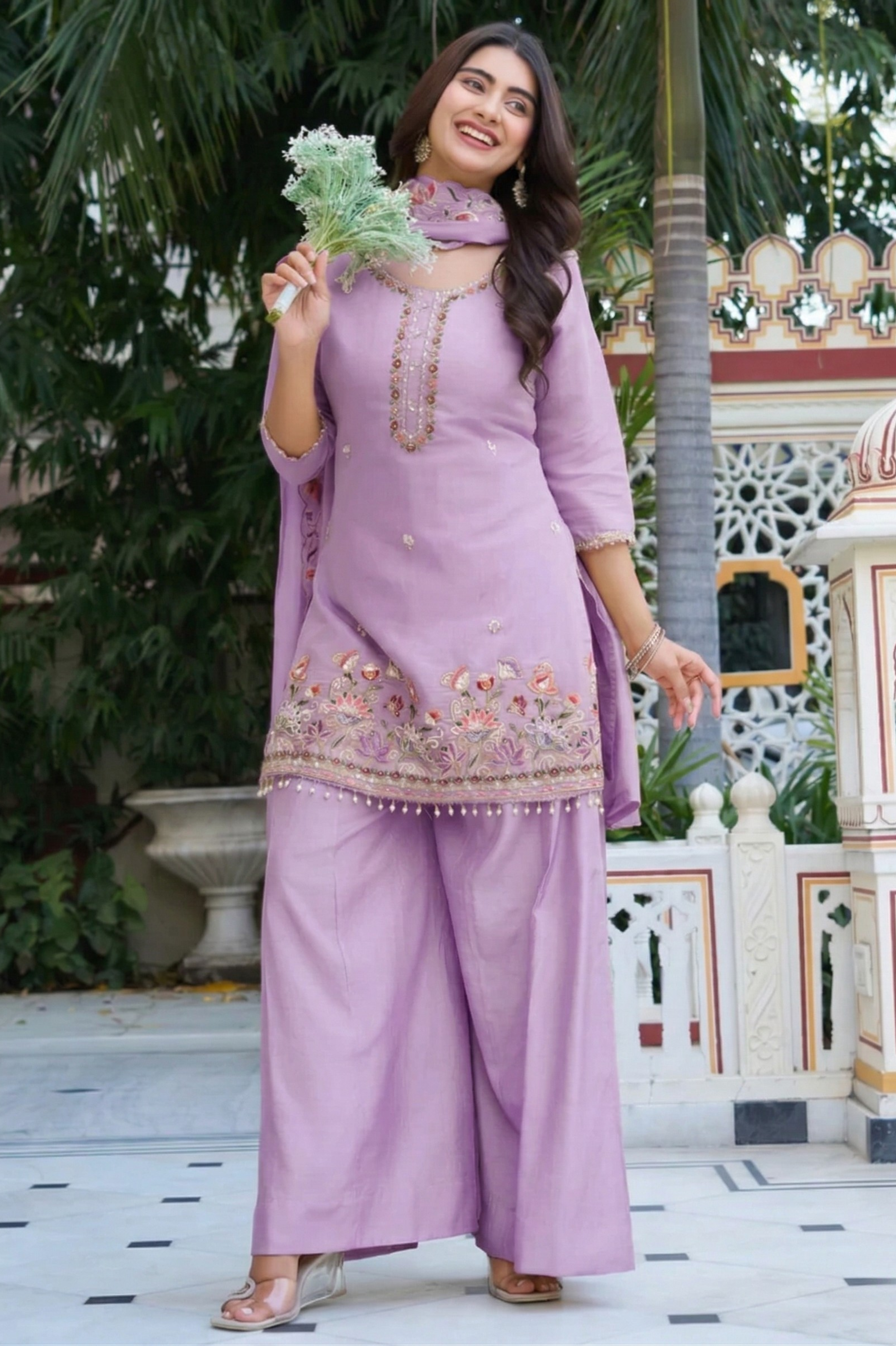 Elegant Pastel Embroidered Kurta Palazzo Set with Dupatta – Ethnic Party Wear Suit