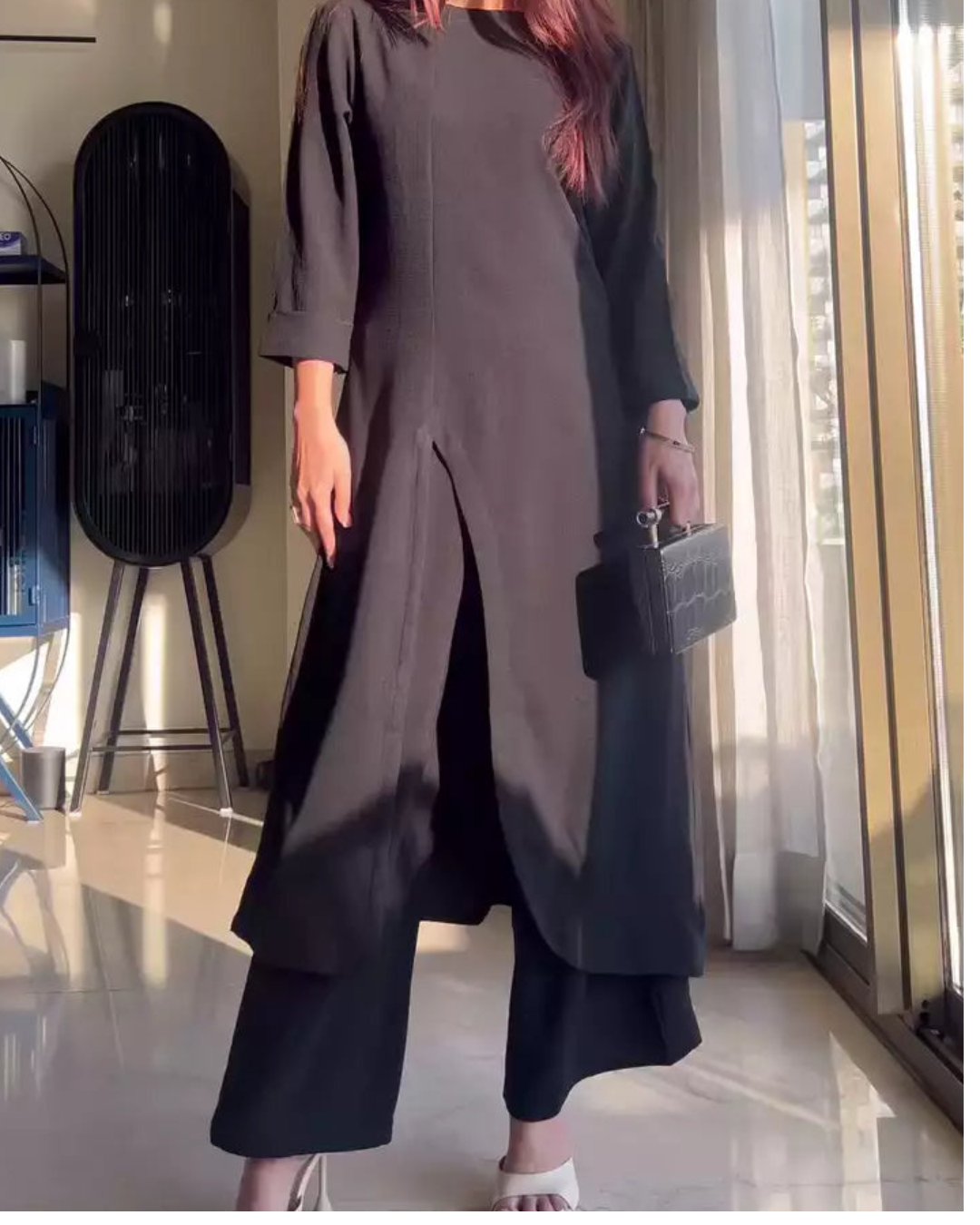 Black Boat Neck Front Slit Textured Co-ord