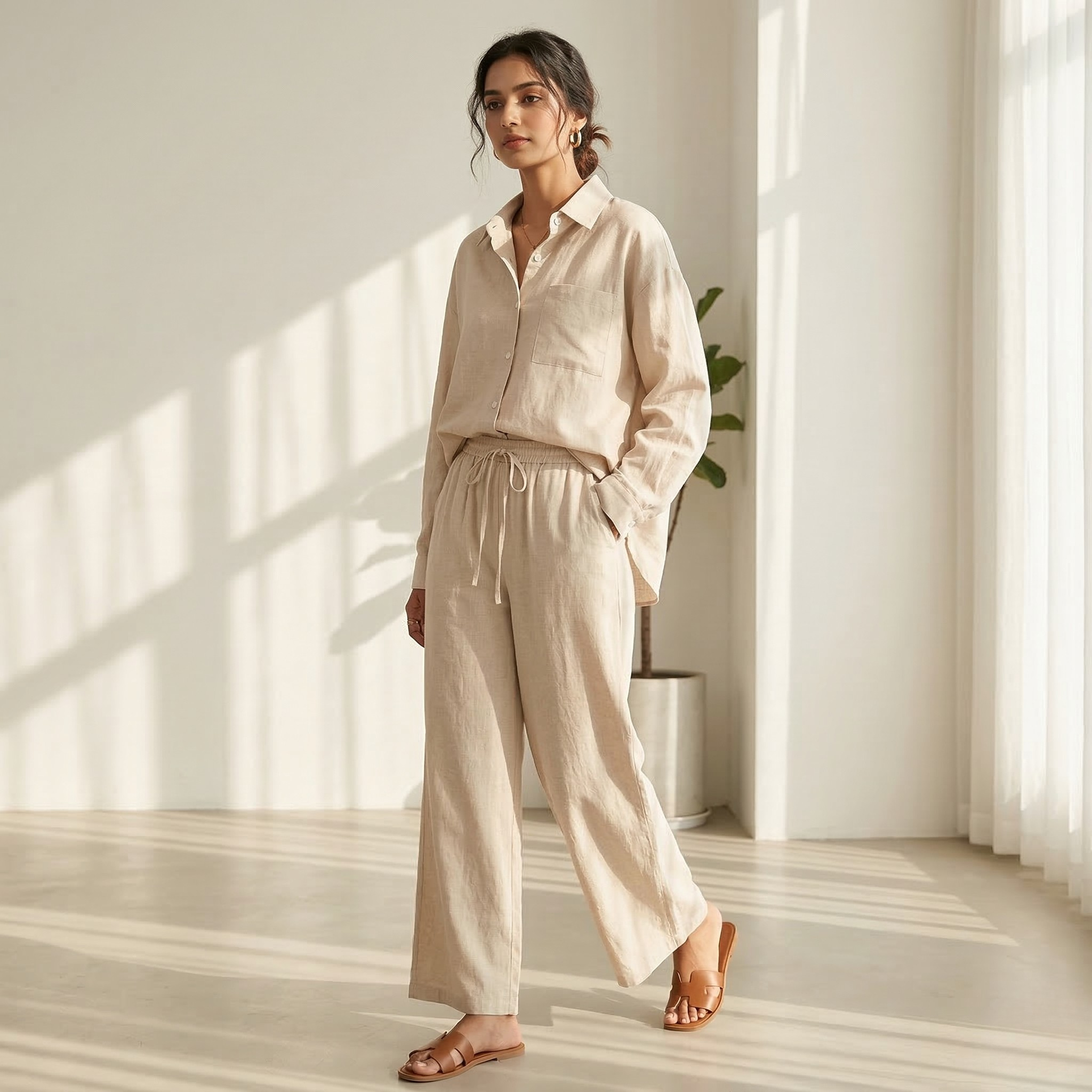 Fashionable Women's Slacks High Waist Cotton Shirt Suit