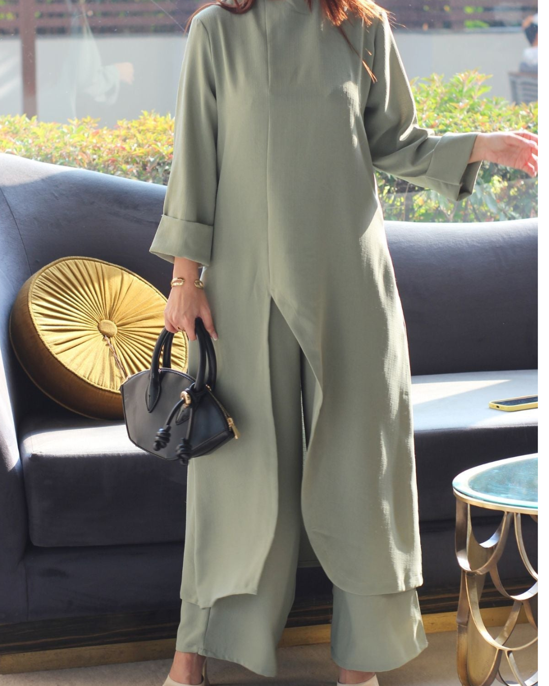 Sage Green High Neck Front Slit Textured Co-ord