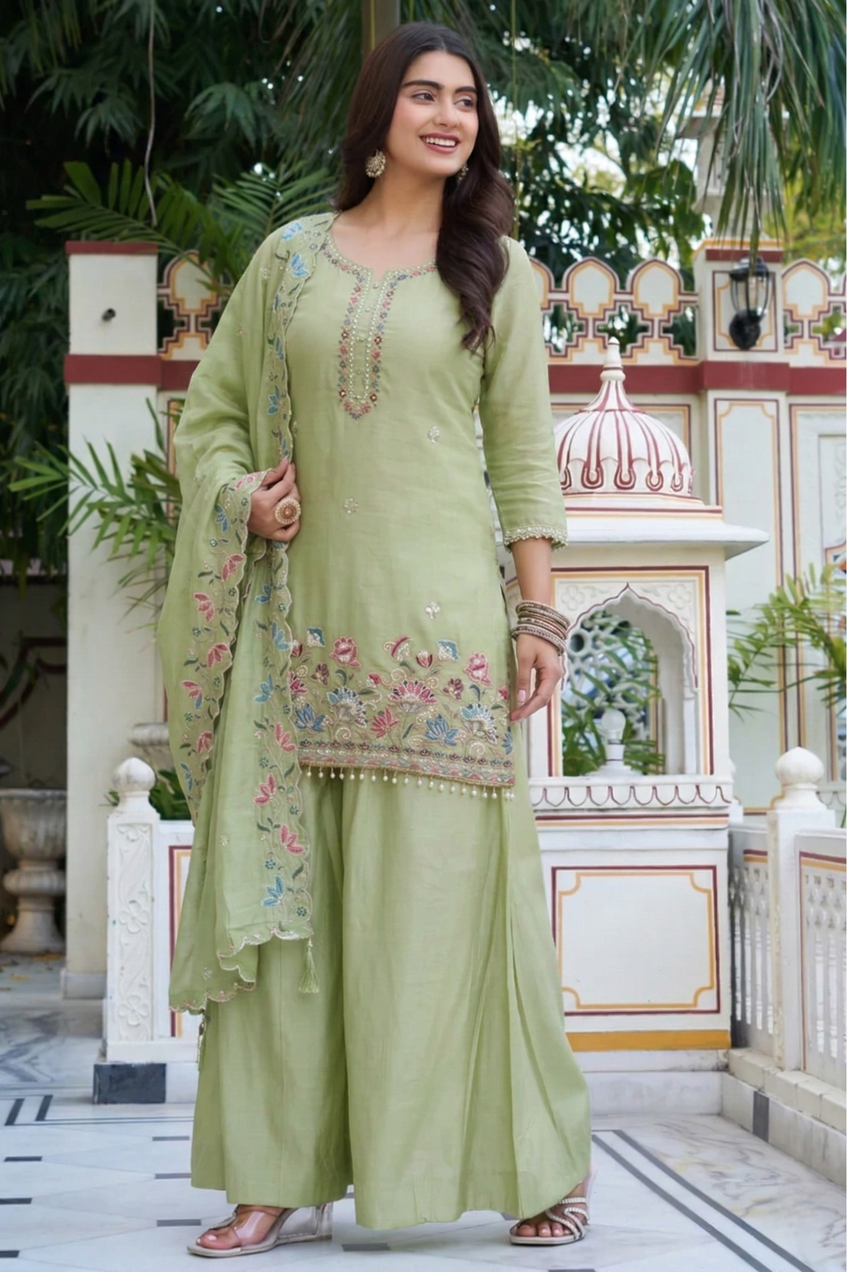 Elegant Pastel Embroidered Kurta Palazzo Set with Dupatta – Ethnic Party Wear Suit