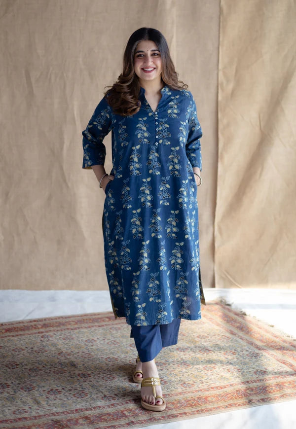 Navy Blue Handblock Printed Kurta Set with Pants