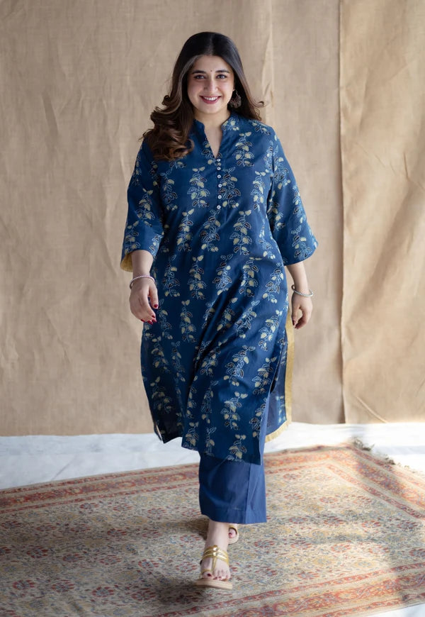 Navy Blue Handblock Printed Kurta Set with Pants