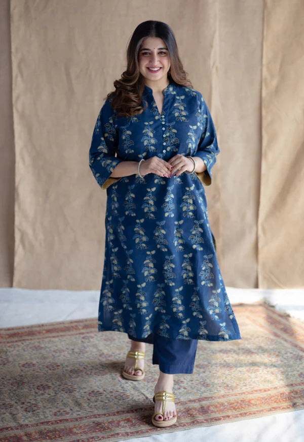 Navy Blue Handblock Printed Kurta Set with Pants