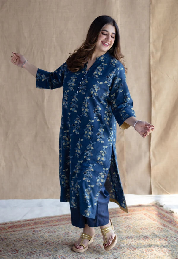 Navy Blue Handblock Printed Kurta Set with Pants
