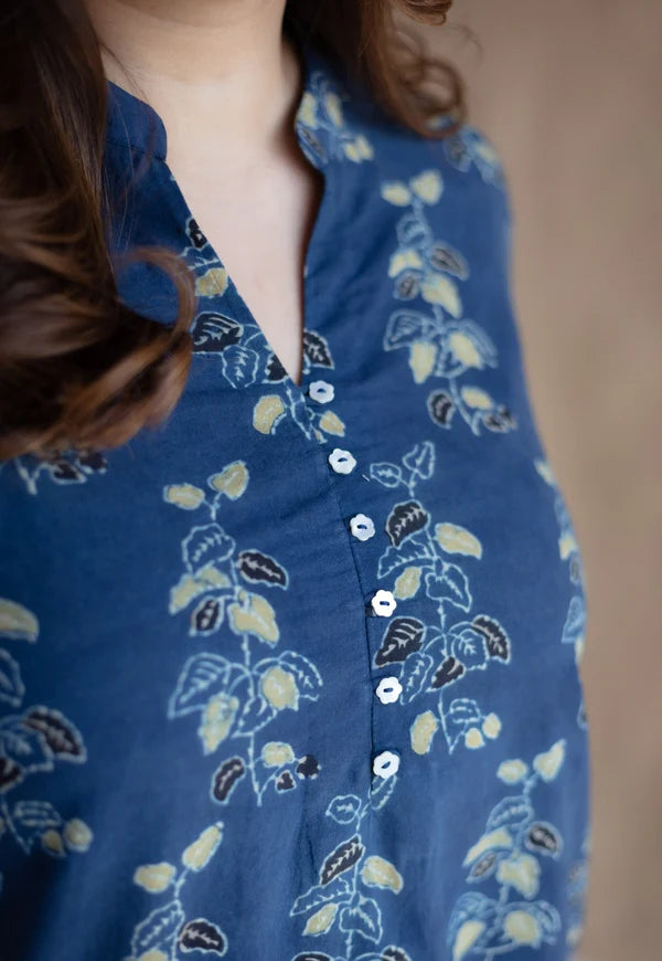 Navy Blue Handblock Printed Kurta Set with Pants