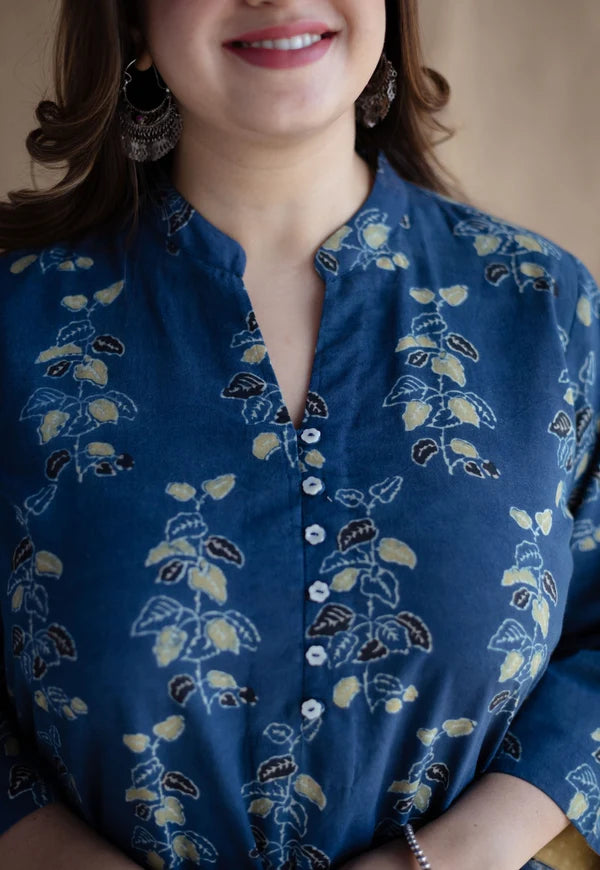 Navy Blue Handblock Printed Kurta Set with Pants