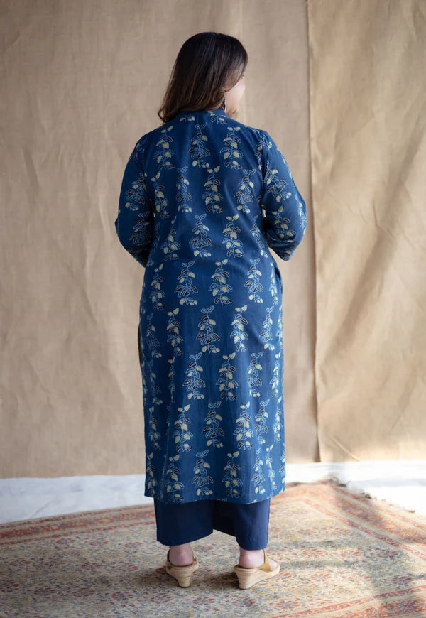 Navy Blue Handblock Printed Kurta Set with Pants