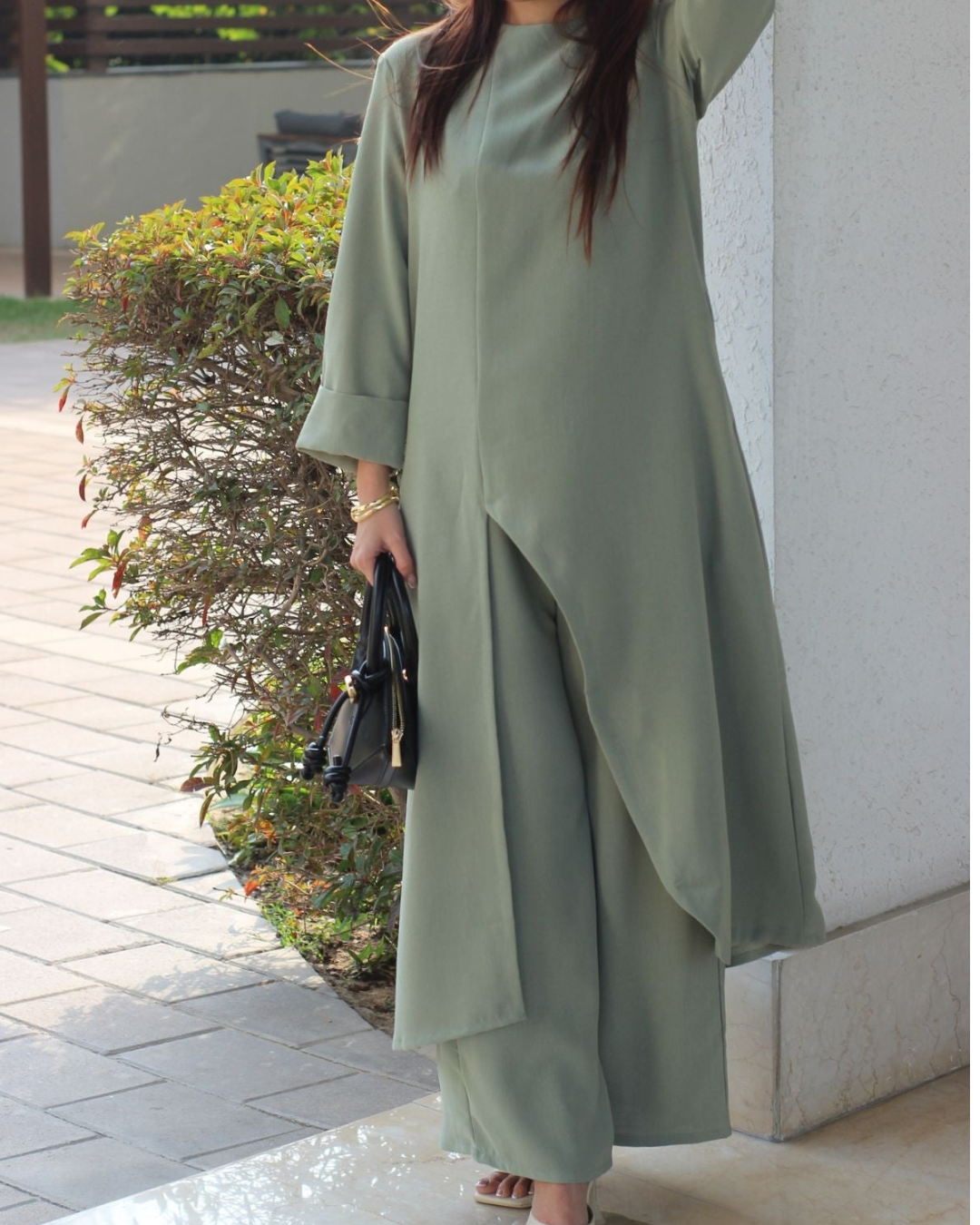 Sage Green High Neck Front Slit Textured Co-ord