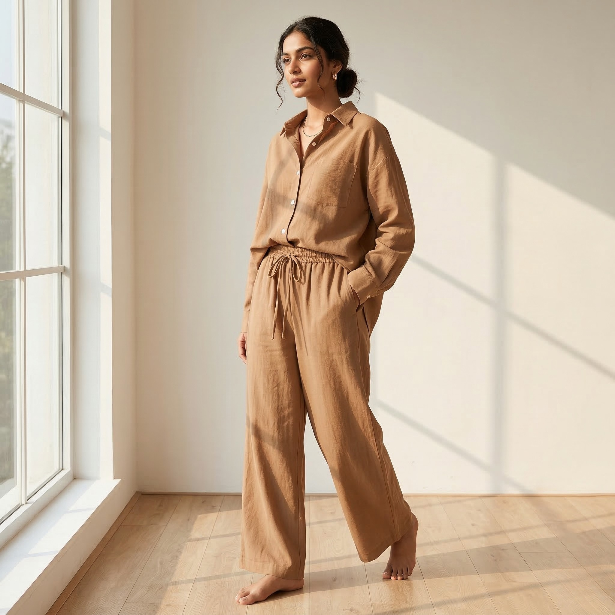 Fashionable Women's Slacks High Waist Cotton Shirt Suit