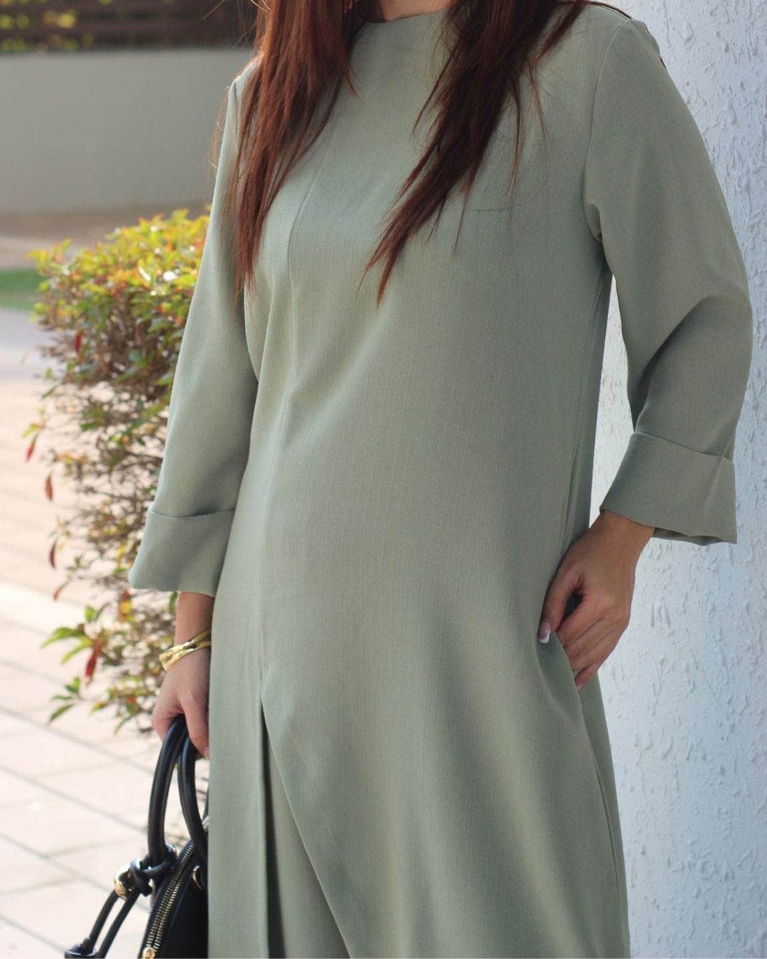 Sage Green High Neck Front Slit Textured Co-ord