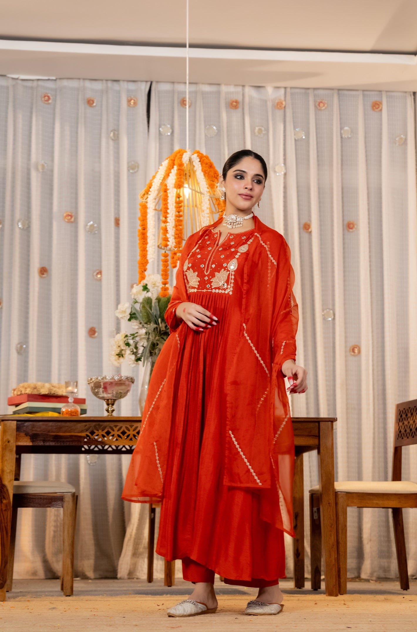 Elegant Red Embroidered Anarkali Kurta Set with Organza Dupatta for Women