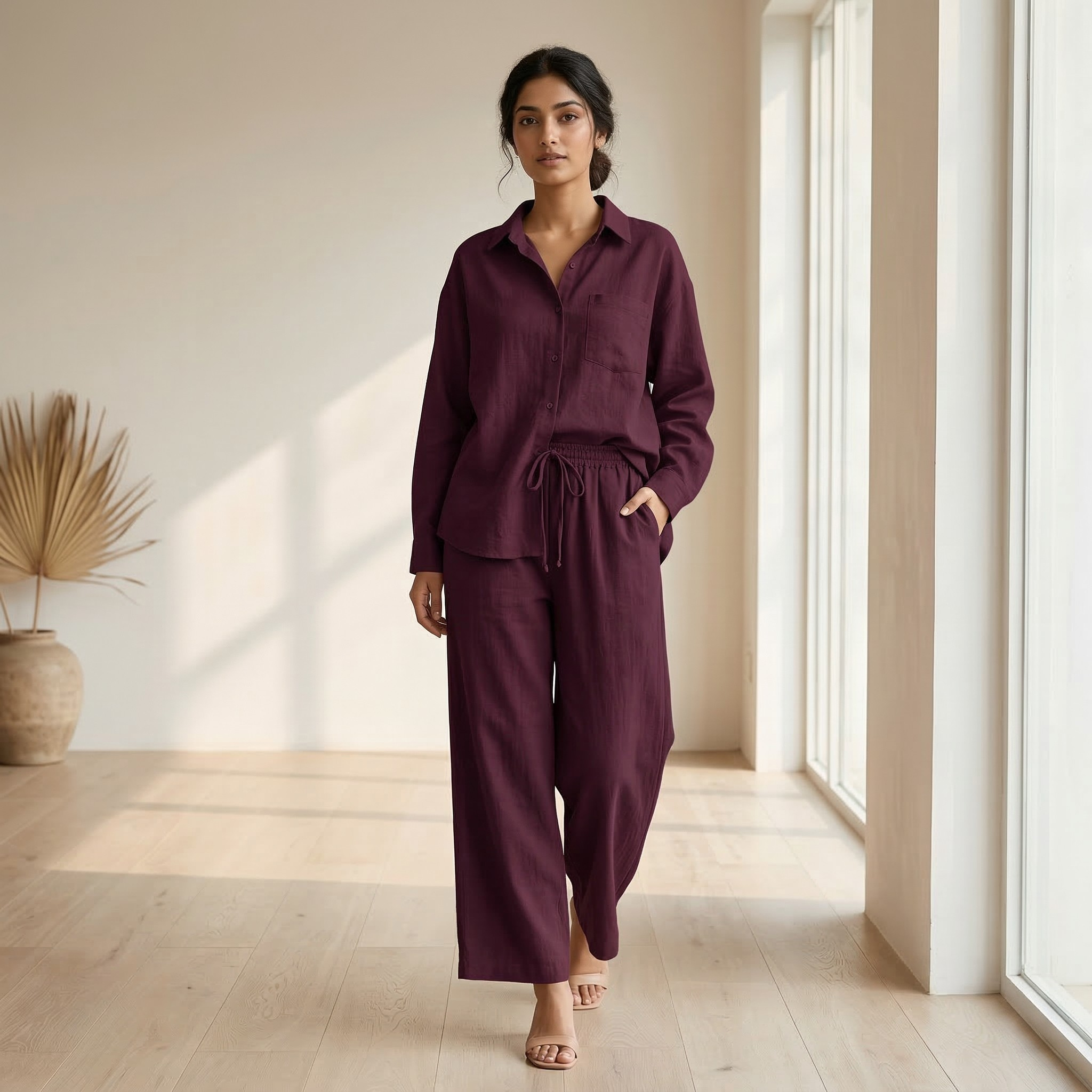 Fashionable Women's Slacks High Waist Cotton Shirt Suit