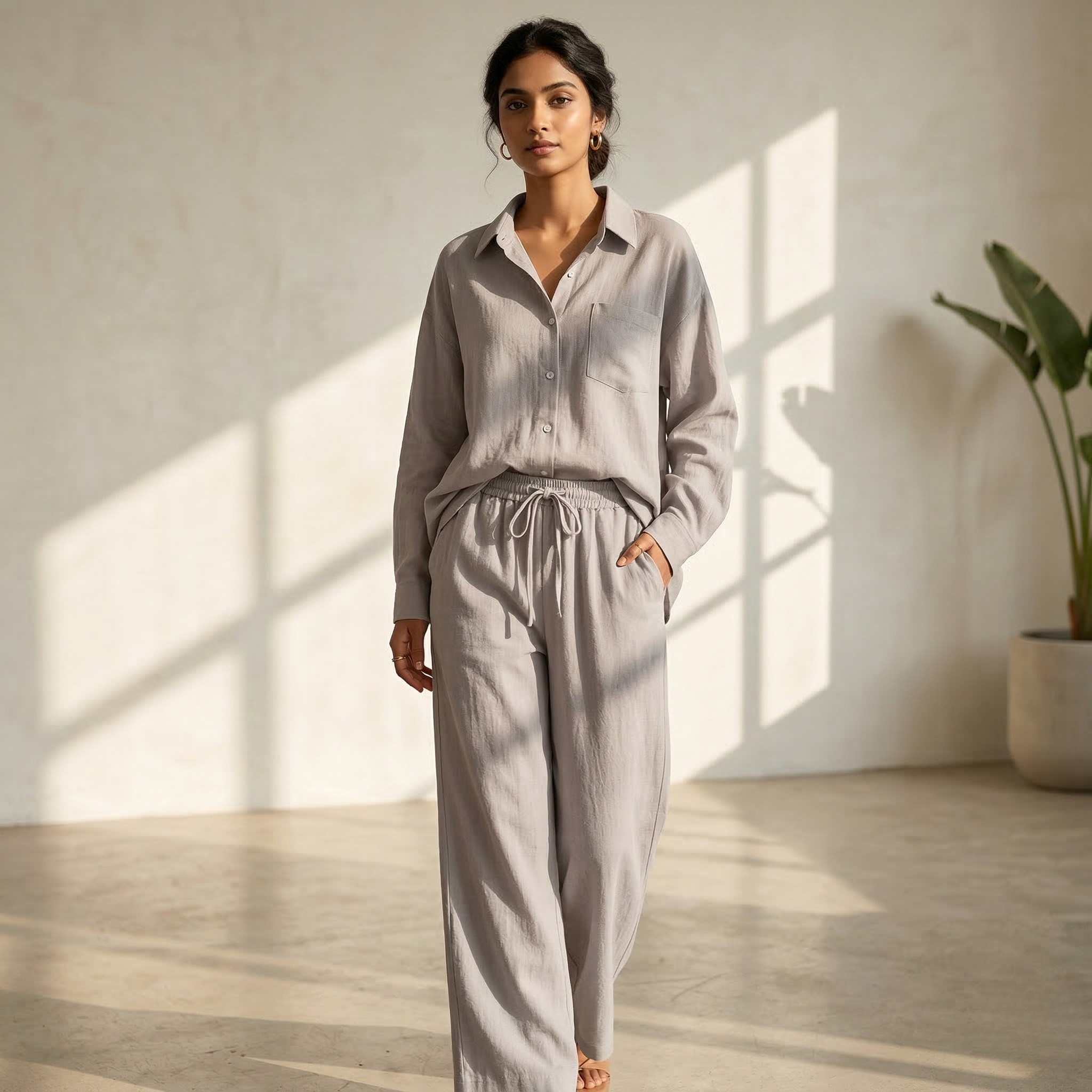 Fashionable Women's Slacks High Waist Cotton Shirt Suit