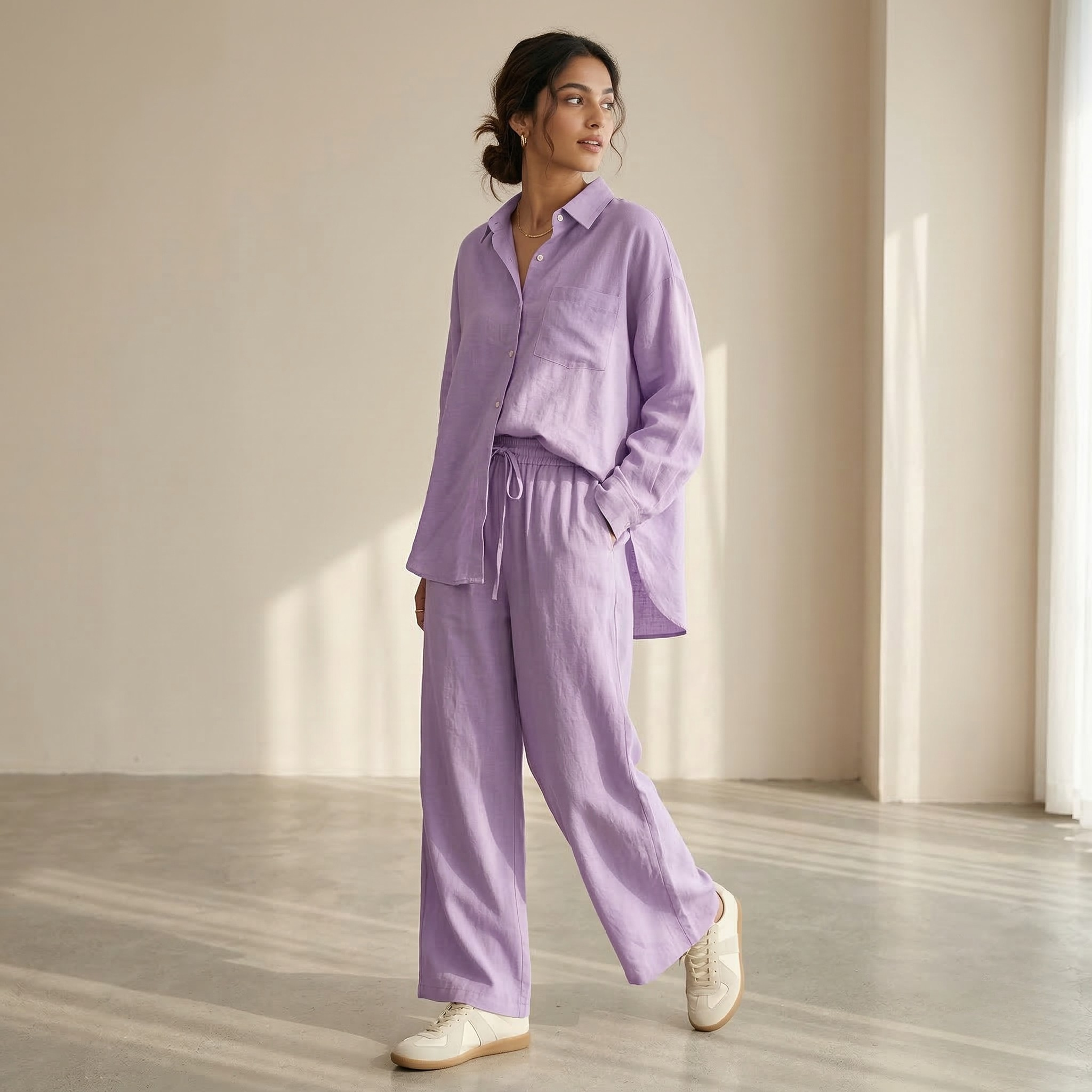 Fashionable Women's Slacks High Waist Cotton Shirt Suit