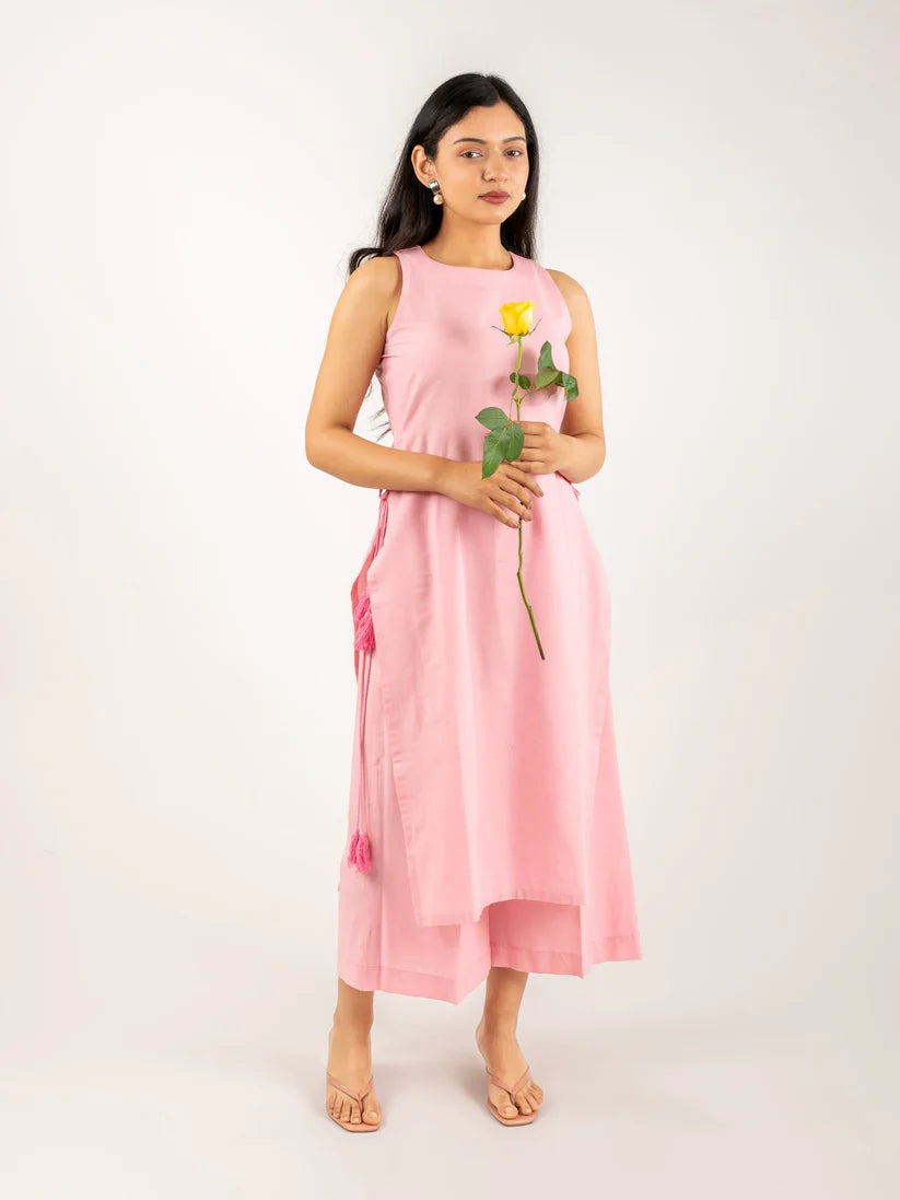 Blush Pink | Ivory Sleeveless Asymmetric Kurta Set with Tassel Tie-Up