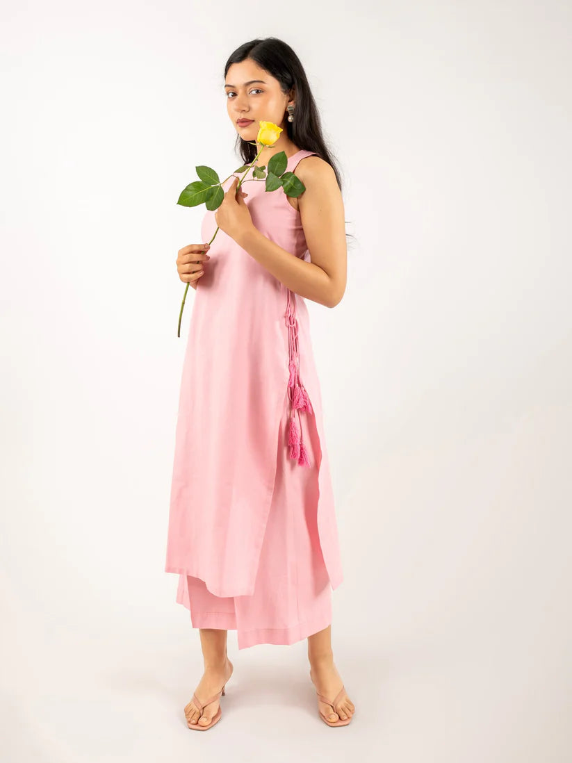 Blush Pink | Ivory Sleeveless Asymmetric Kurta Set with Tassel Tie-Up