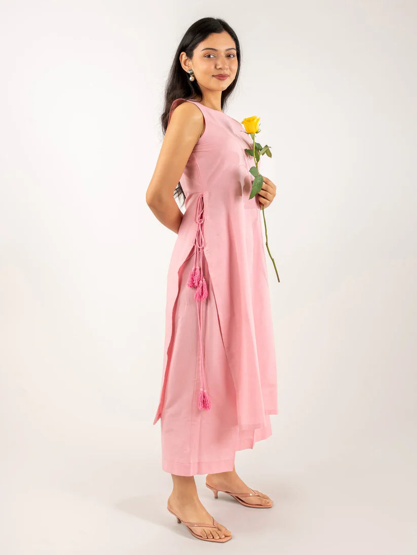 Blush Pink | Ivory Sleeveless Asymmetric Kurta Set with Tassel Tie-Up