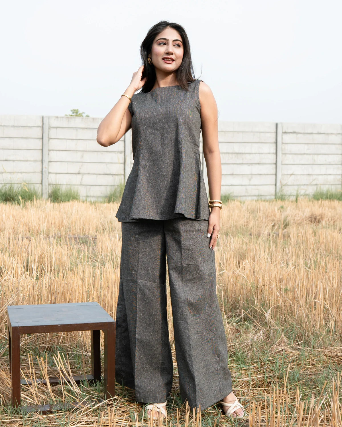 Elegant Charcoal Grey Linen Co-ord Set for Women | Sleeveless Top with Wide-Leg Pants