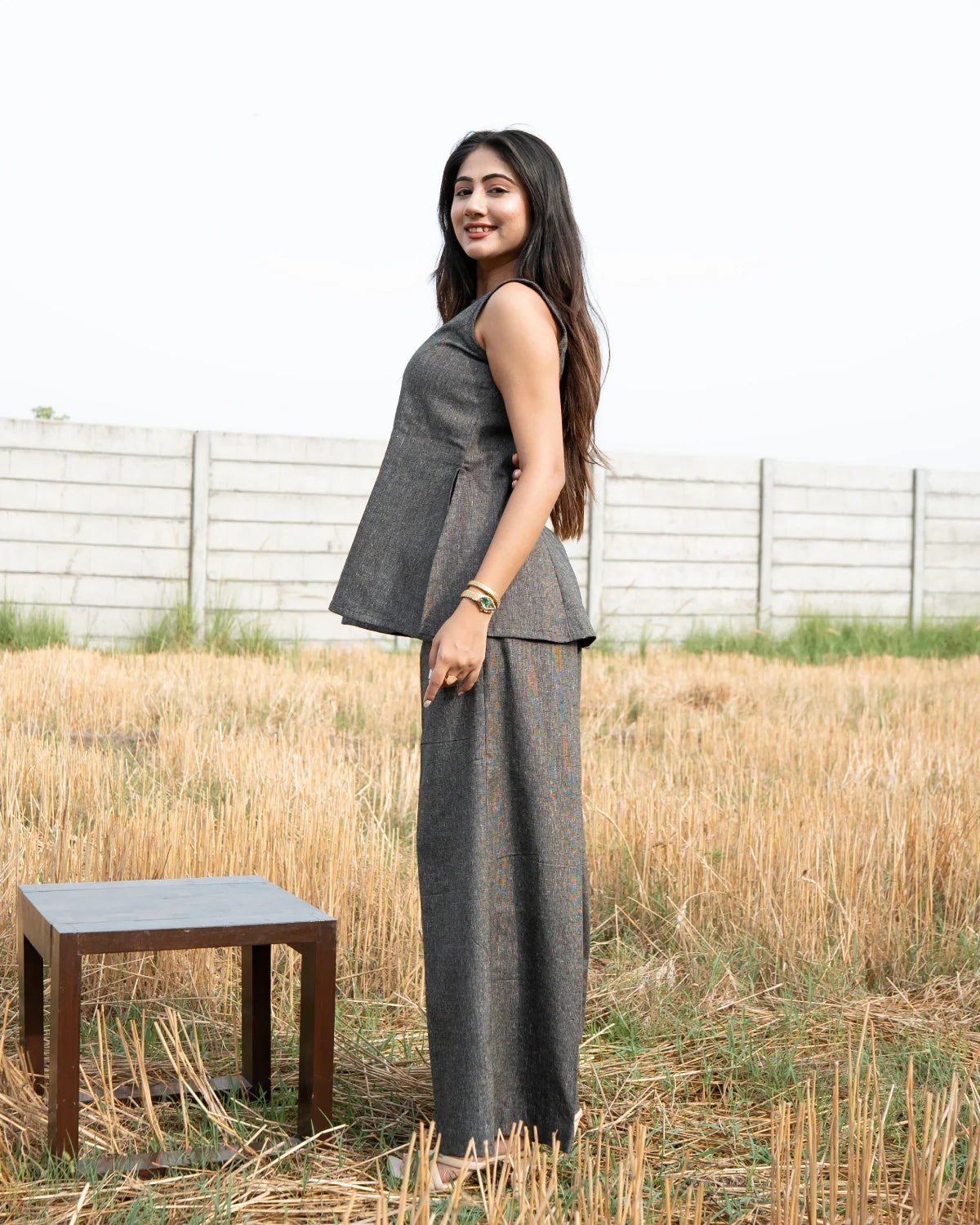 Elegant Charcoal Grey Linen Co-ord Set for Women | Sleeveless Top with Wide-Leg Pants