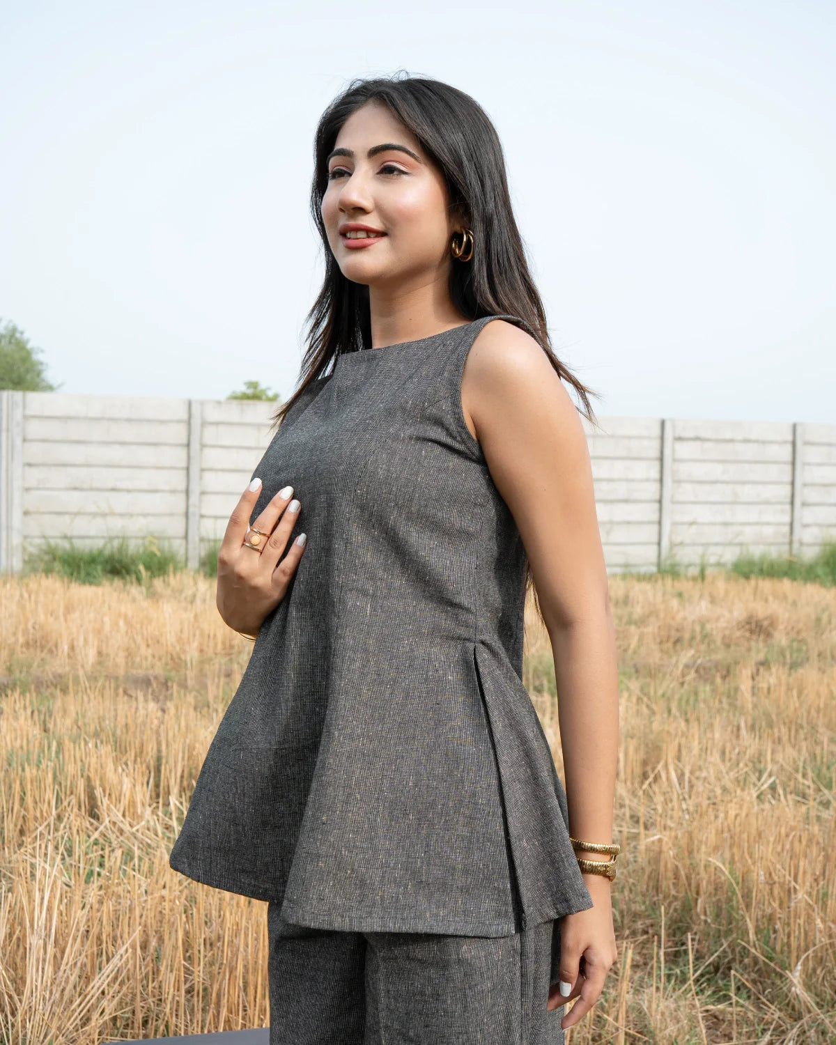 Elegant Charcoal Grey Linen Co-ord Set for Women | Sleeveless Top with Wide-Leg Pants