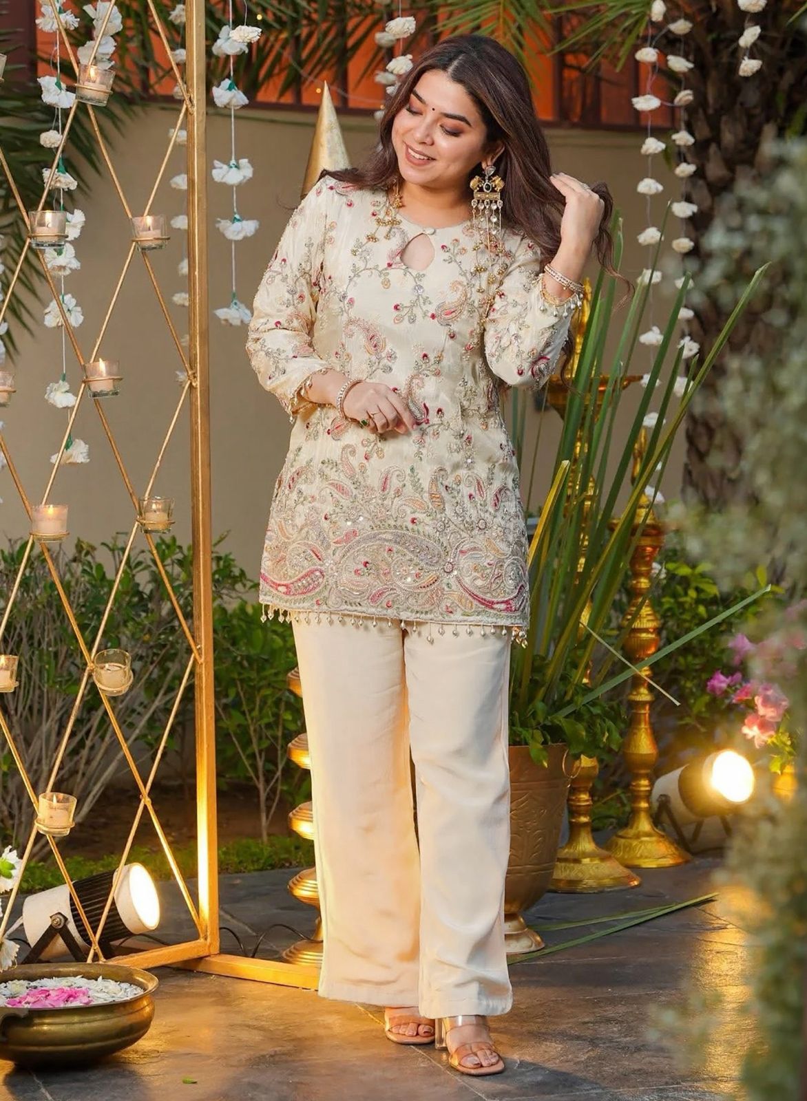 Women's Premium Embroidered Ivory Kurta & Palazzo Set