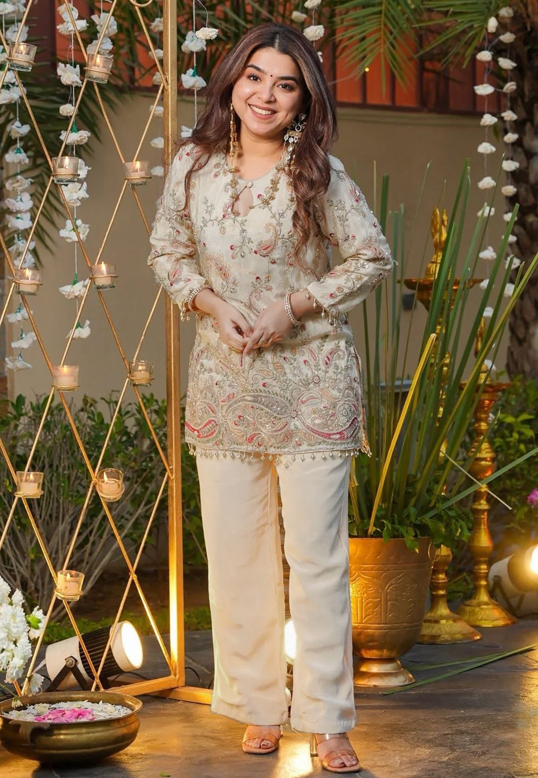 Women's Premium Embroidered Ivory Kurta & Palazzo Set