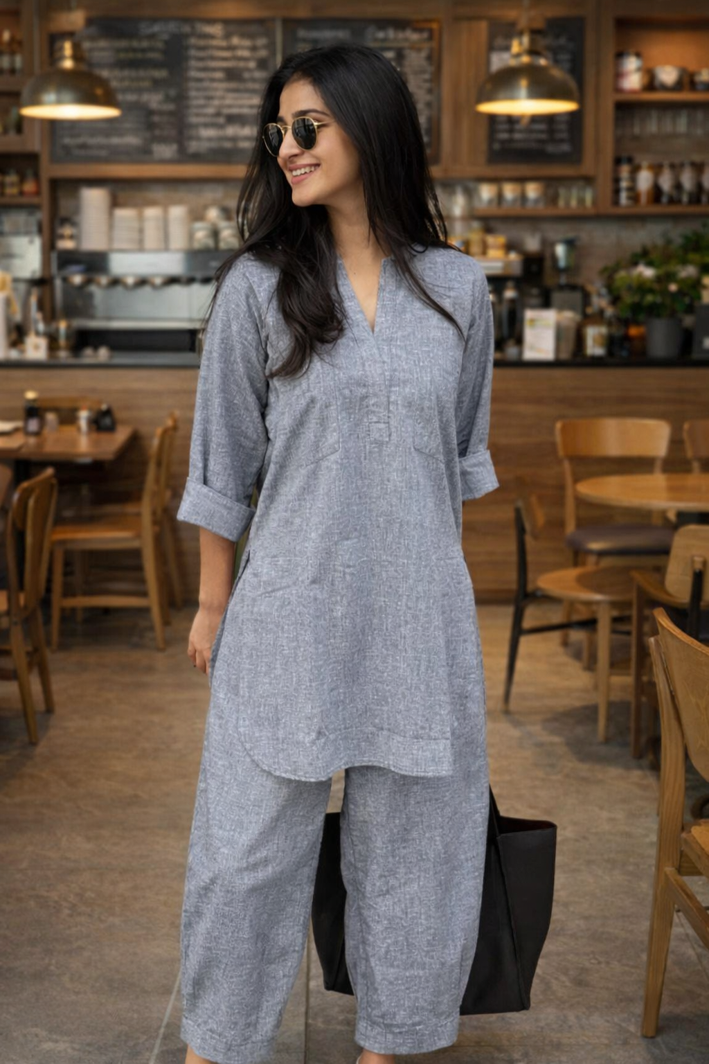 Gray Casual Cotton Co-ord Set for Women