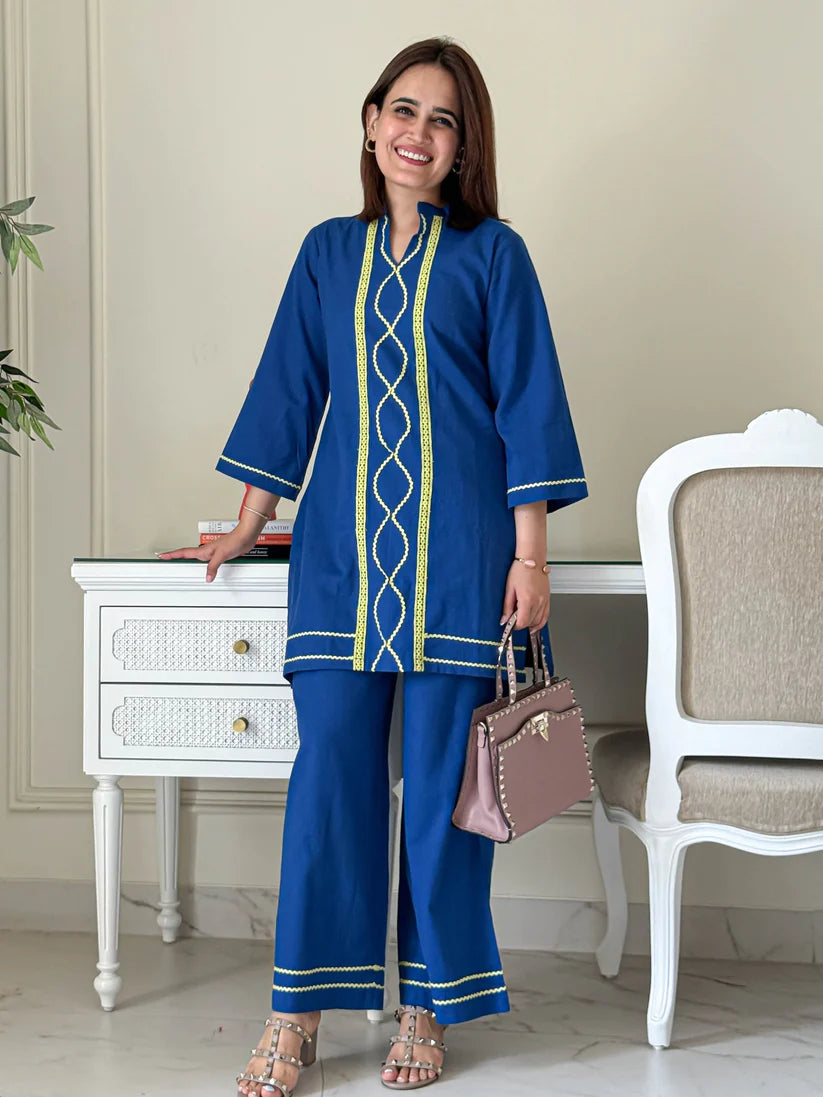 Royal Blue Cotton Kurta & Pant Co-ord Set with Contrast Embroidery