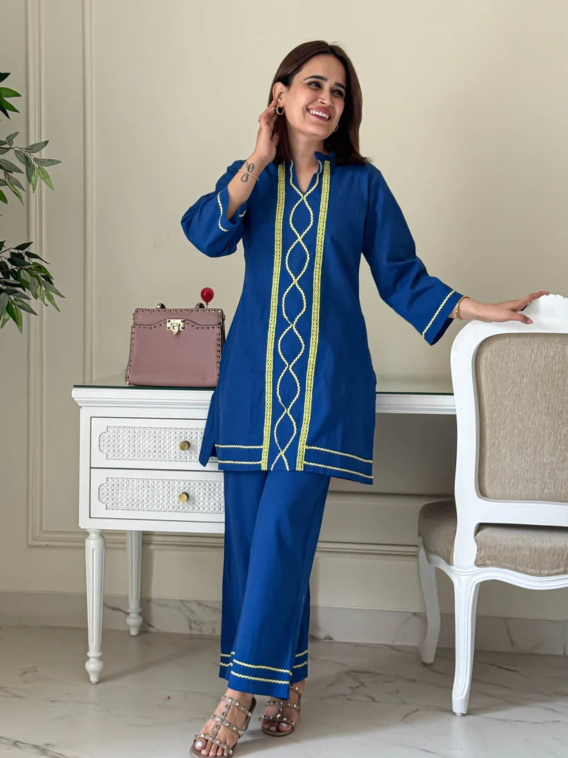 Royal Blue Cotton Kurta & Pant Co-ord Set with Contrast Embroidery